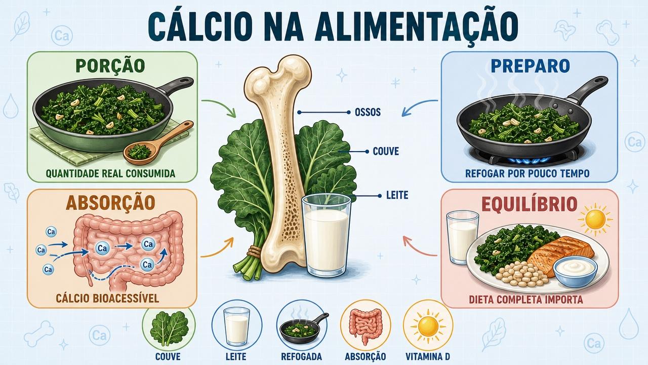 Porção, preparo, absorção e equilíbrio alimentar influenciam o cálcio aproveitado.