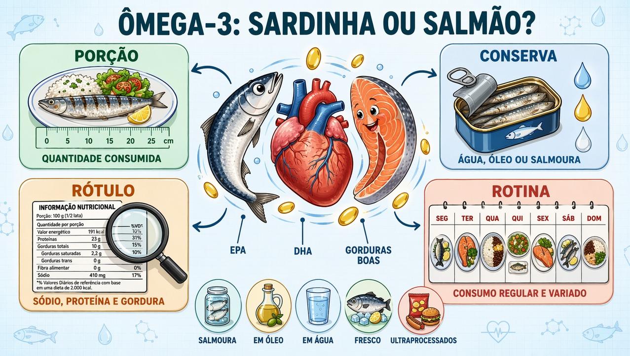 Porção, conserva, rótulo e frequência orientam a escolha entre sardinha e salmão.