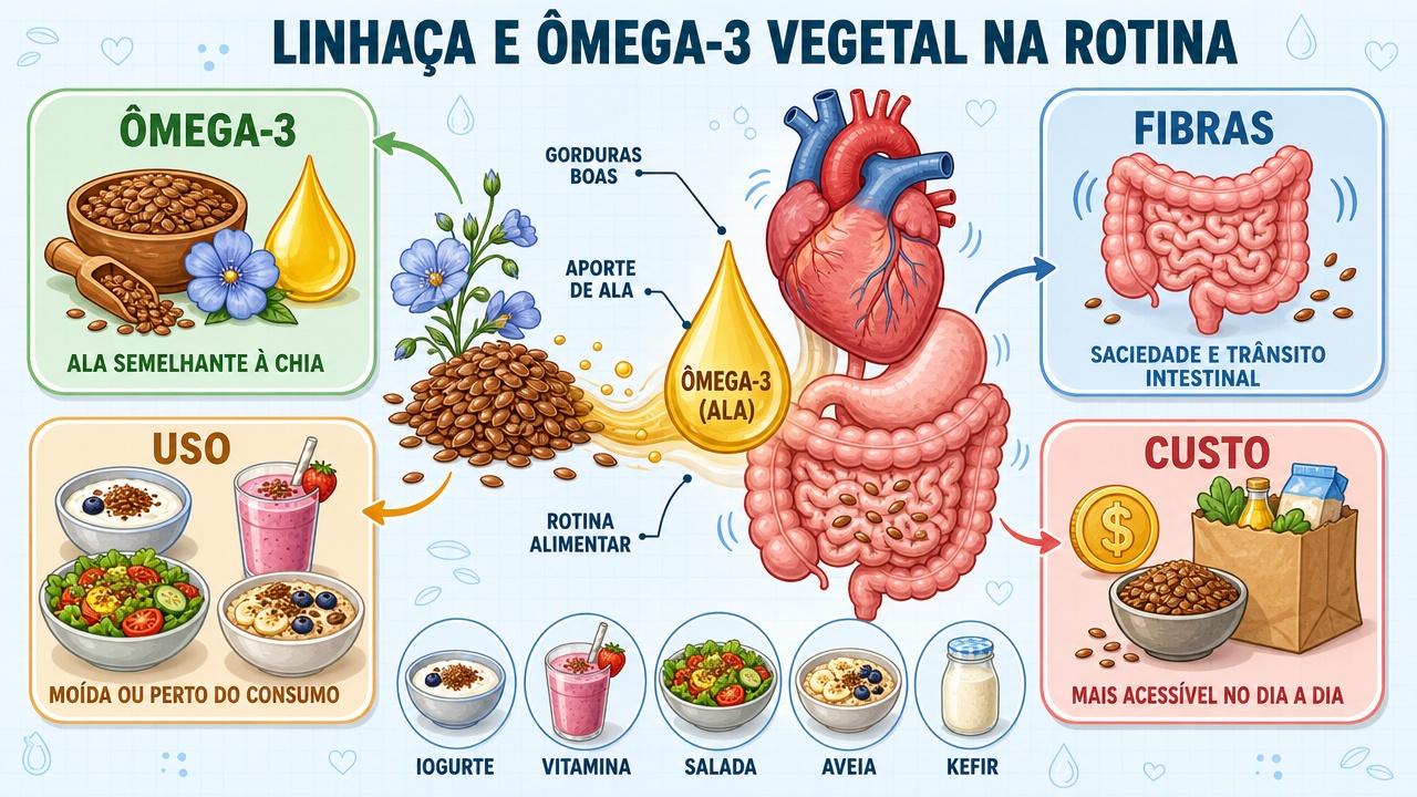 Infográfico resume ômega-3, fibras, uso culinário e custo-benefício da linhaça.