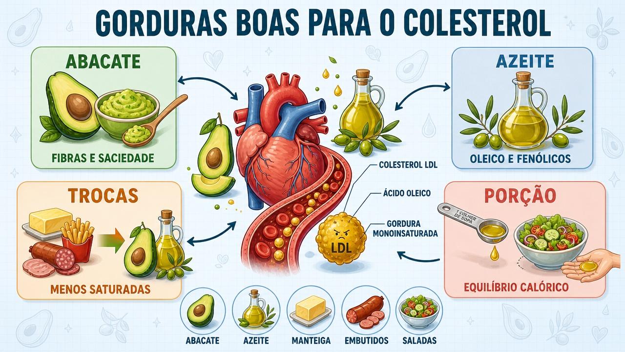 Infográfico resume abacate, azeite, trocas inteligentes e porções para o colesterol.