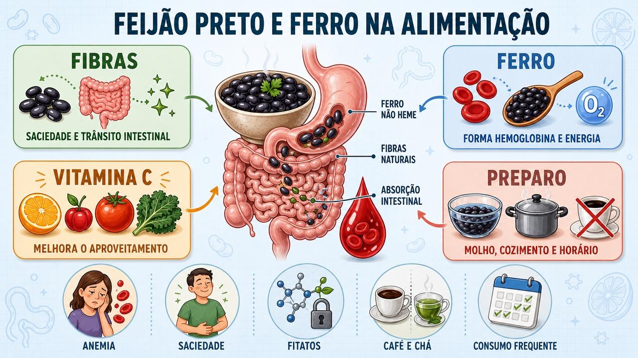 Infográfico mostra fibras, ferro, vitamina C e preparo do feijão preto.