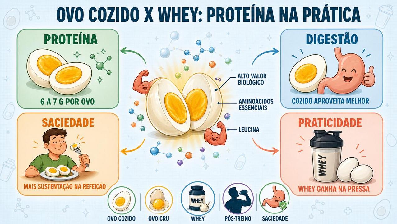 Proteína, digestão, saciedade e praticidade resumem a comparação entre ovo e whey.