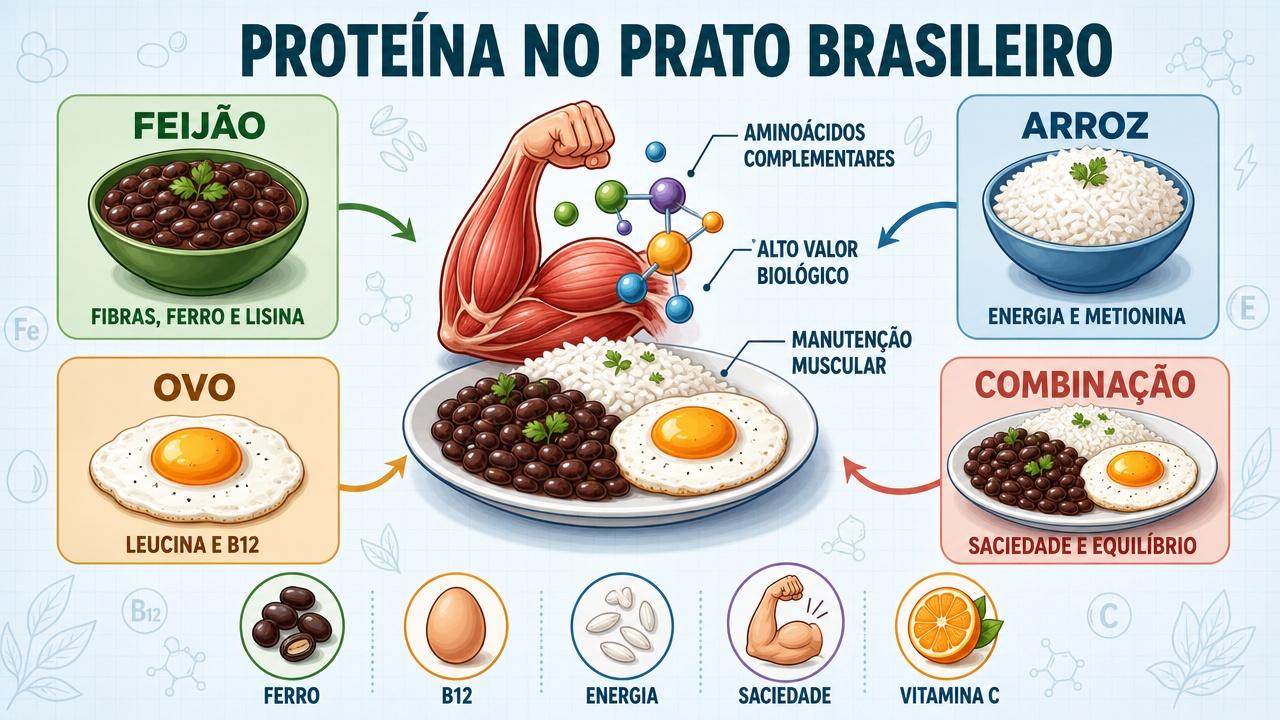 Feijão, arroz, ovo e equilíbrio nutricional sustentam a proteína no prato.