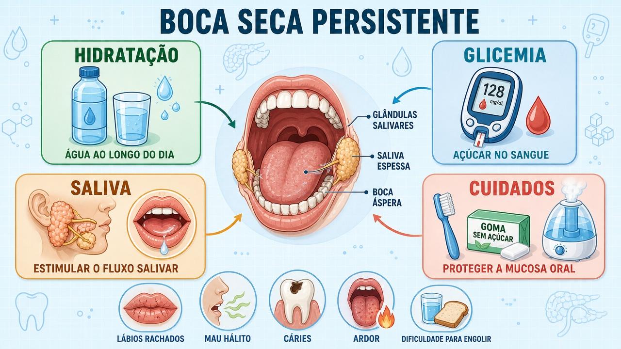 Hidratação, glicemia, saliva e cuidados orais formam os pilares do alívio.