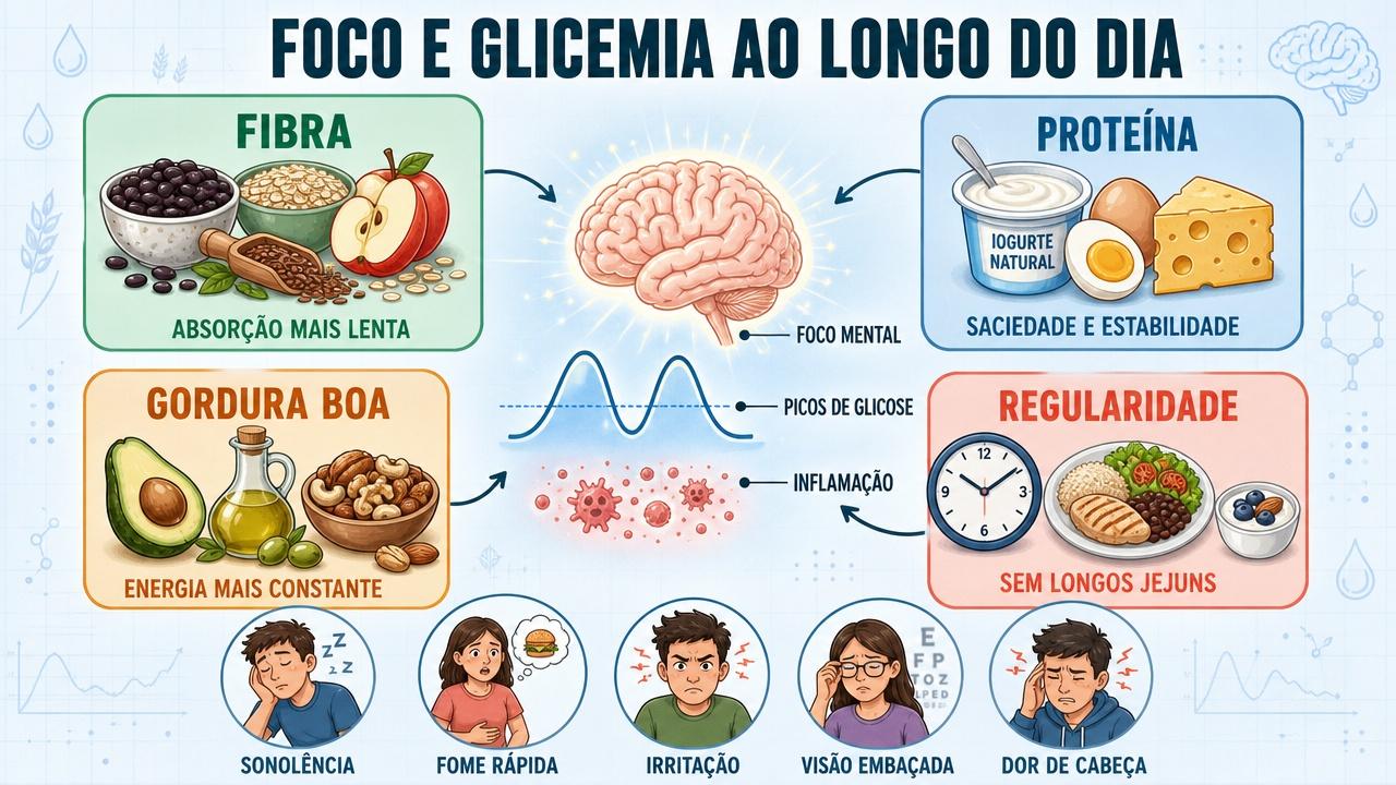 Fibra, proteína, gordura boa e regularidade ajudam a estabilizar concentração.