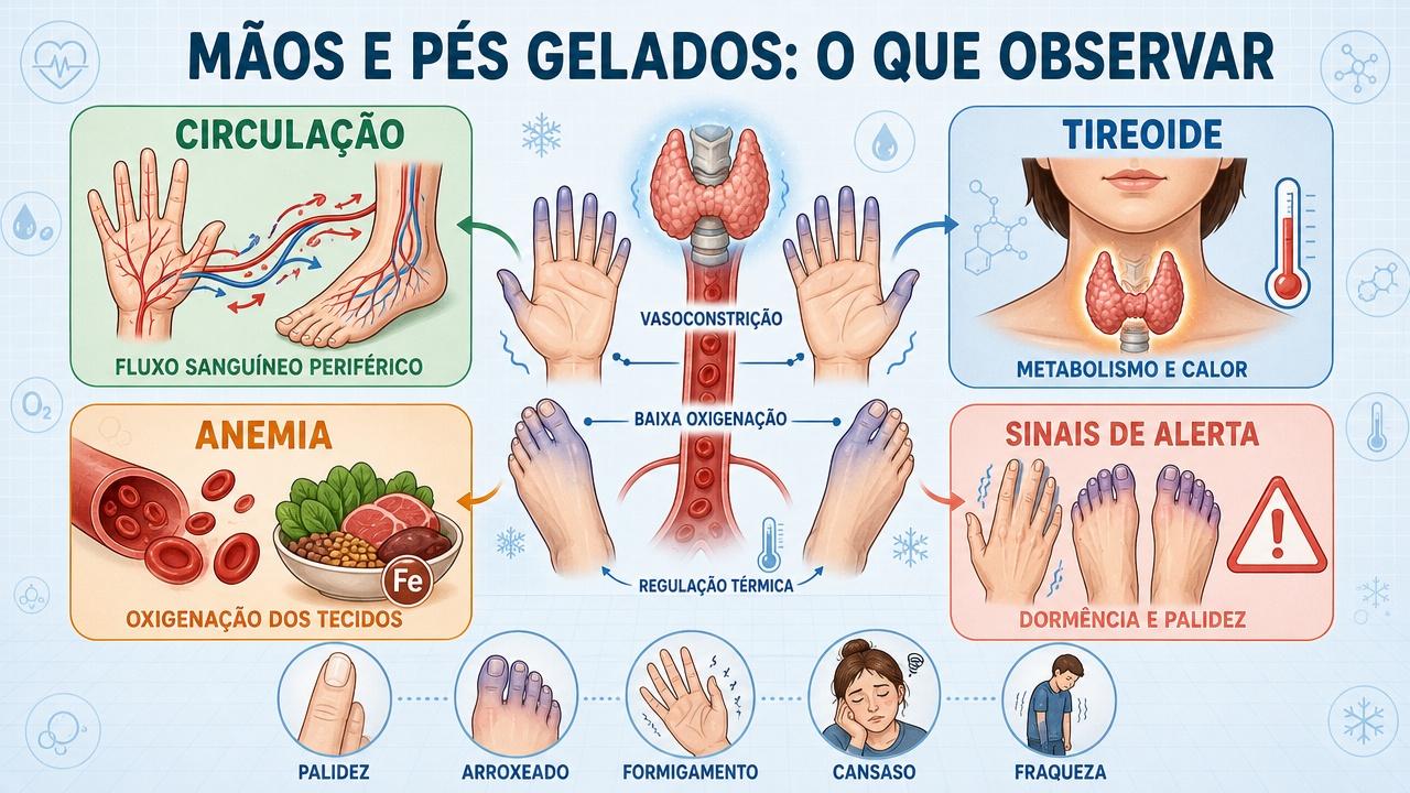 Infográfico resume circulação, tireoide, anemia e sinais de alerta associados.