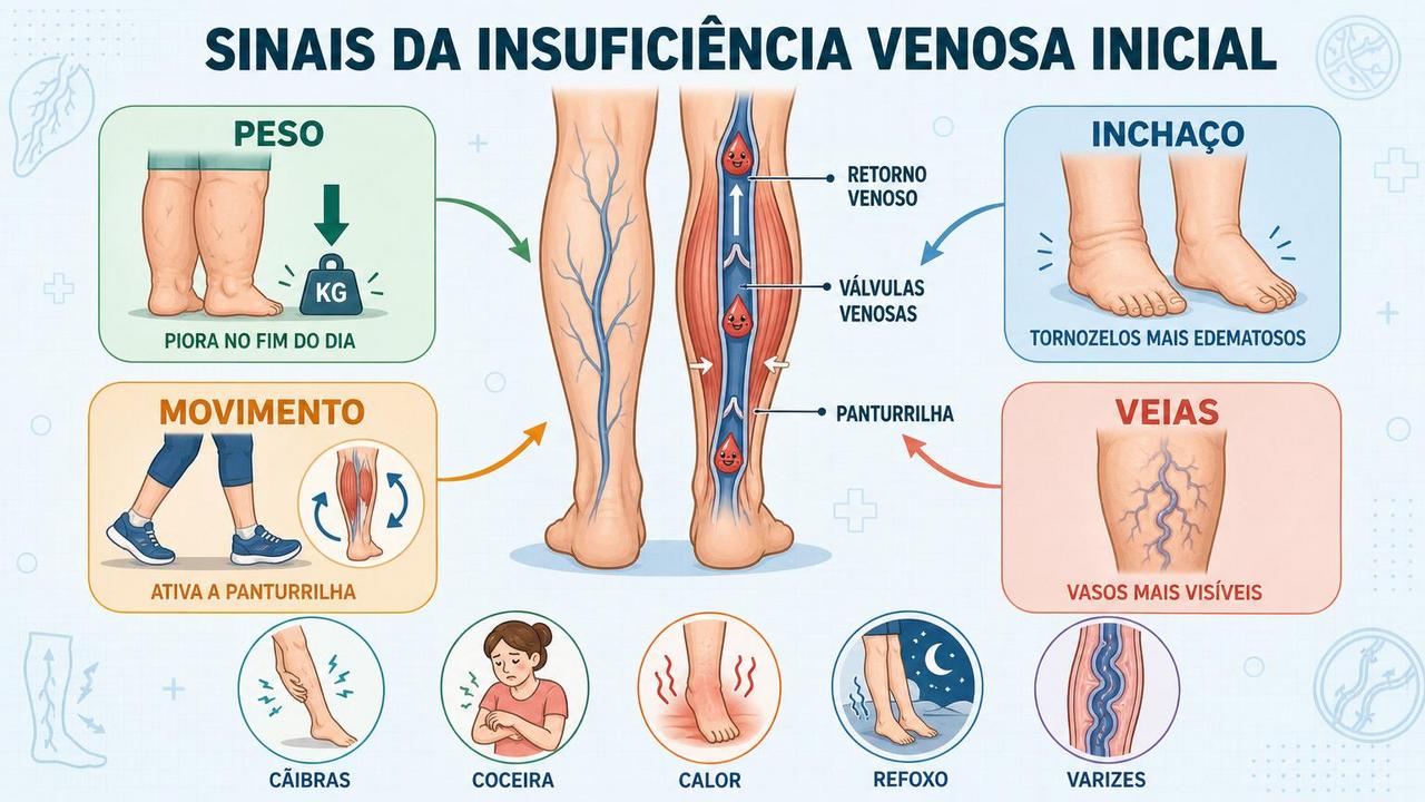 Peso, inchaço, movimento e veias visíveis resumem os principais sinais.
