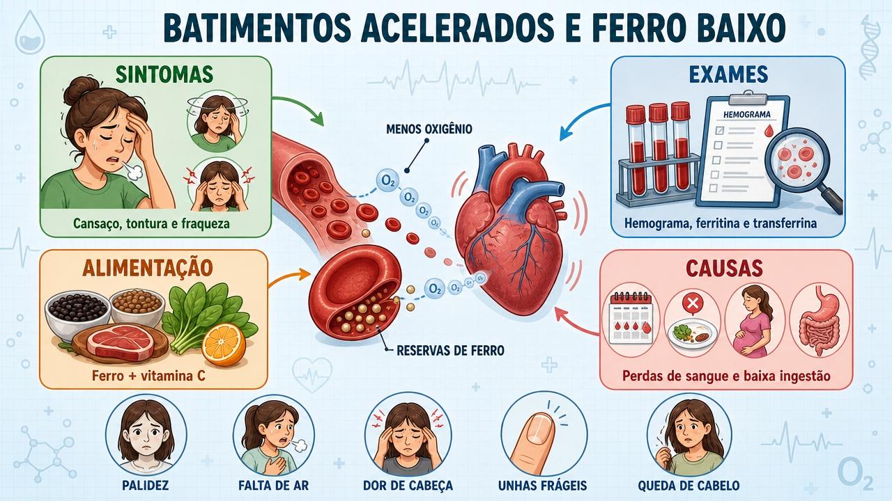 Sintomas, exames, alimentação e causas ajudam a reconhecer ferro baixo.