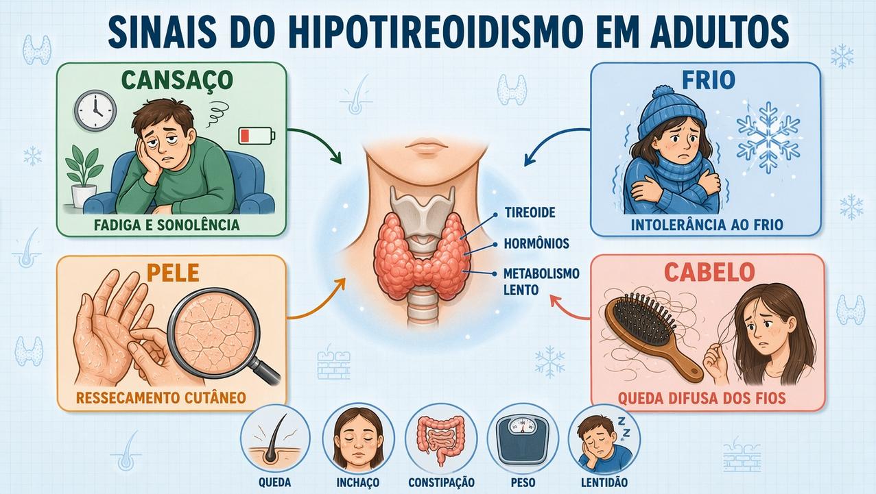Infográfico resume os principais sinais do hipotireoidismo e sintomas associados.