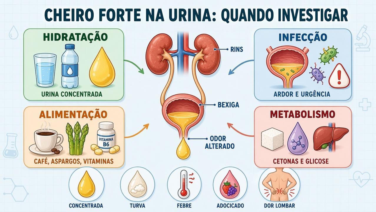 Hidratação, infecção, alimentação e metabolismo ajudam a explicar mudanças no odor urinário.
