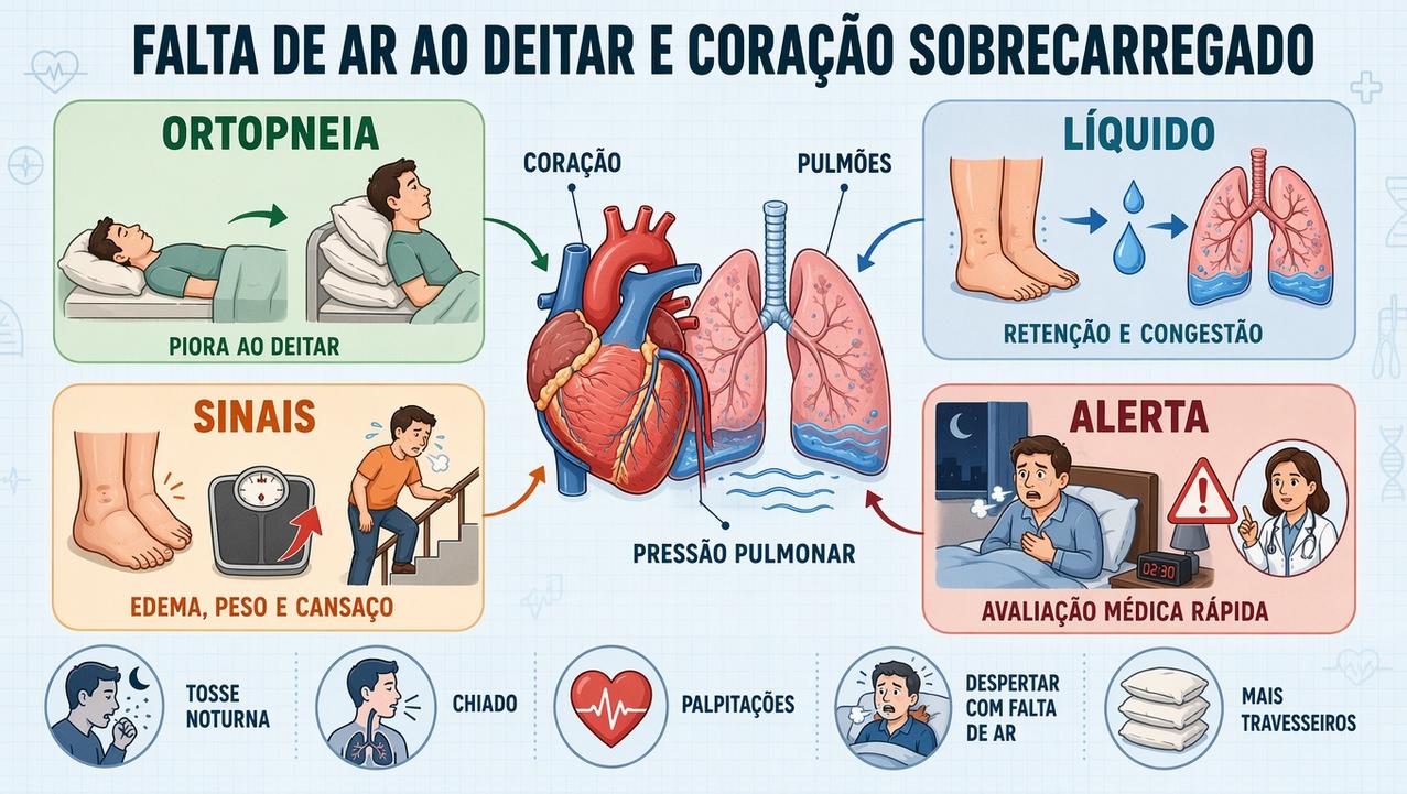Ortopneia, retenção de líquidos, sinais associados e momento de buscar avaliação.