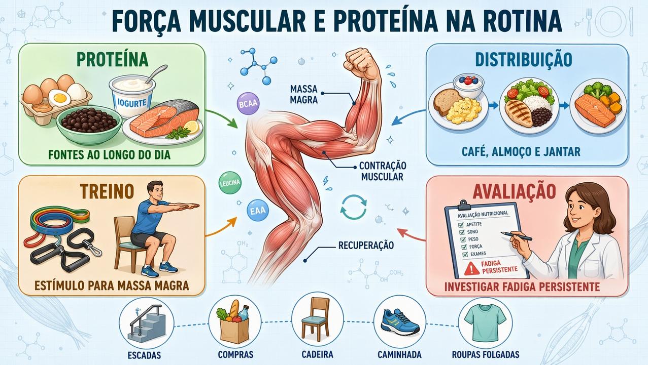 Proteína, distribuição, treino e avaliação sustentam força e massa magra.