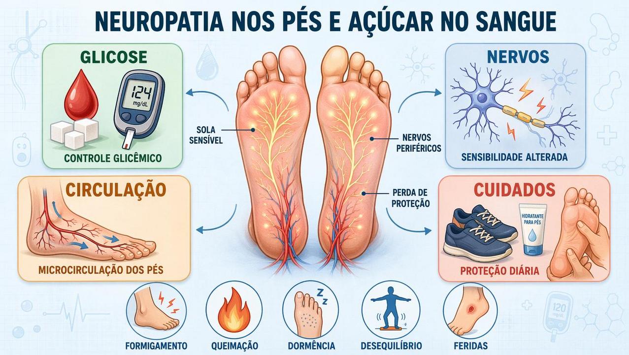 Controle glicêmico, nervos, circulação e cuidados diários formam os pilares da prevenção.