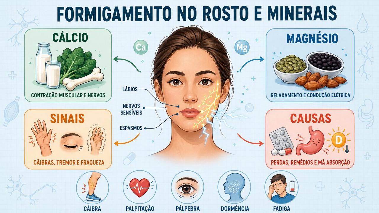 Infográfico resume minerais, sintomas, causas e sinais ligados ao formigamento facial.