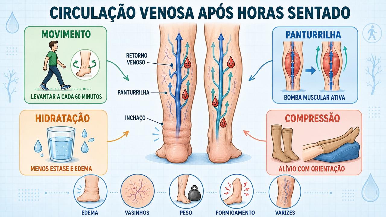 Movimento, panturrilha, hidratação e compressão ajudam a aliviar sintomas venosos.
