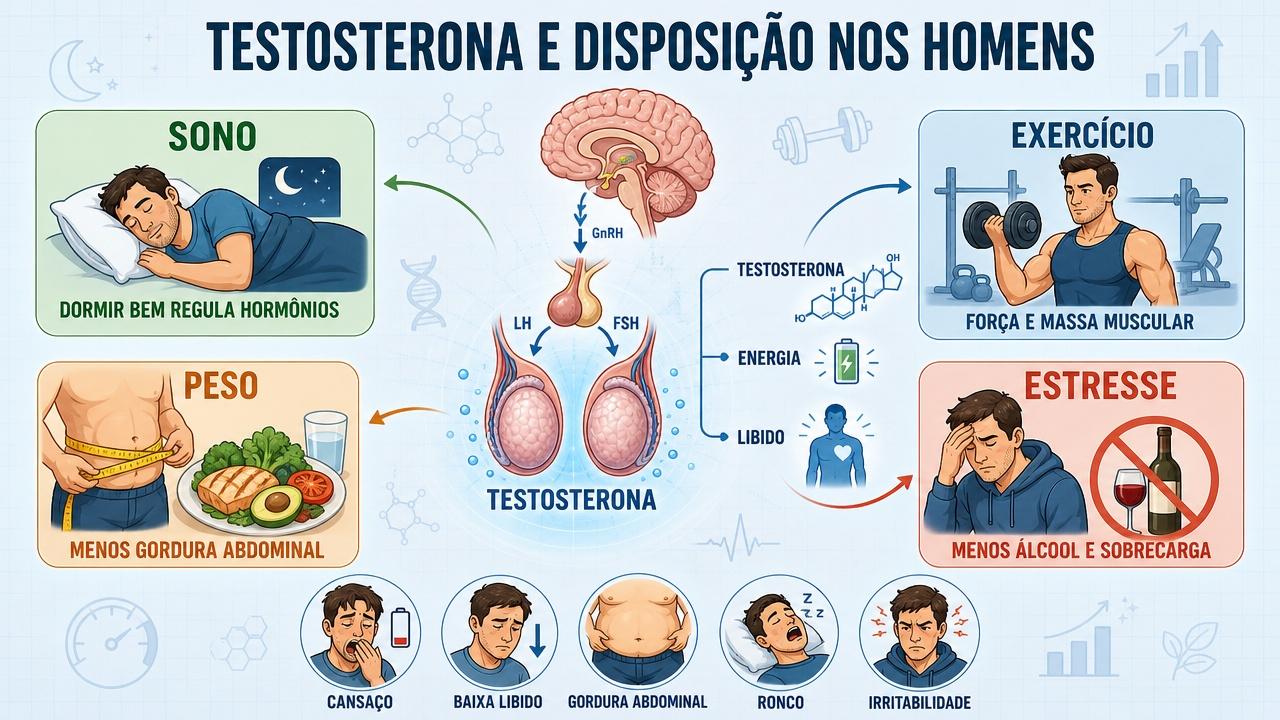 Sono, exercício, peso e estresse influenciam testosterona, energia e desejo sexual.