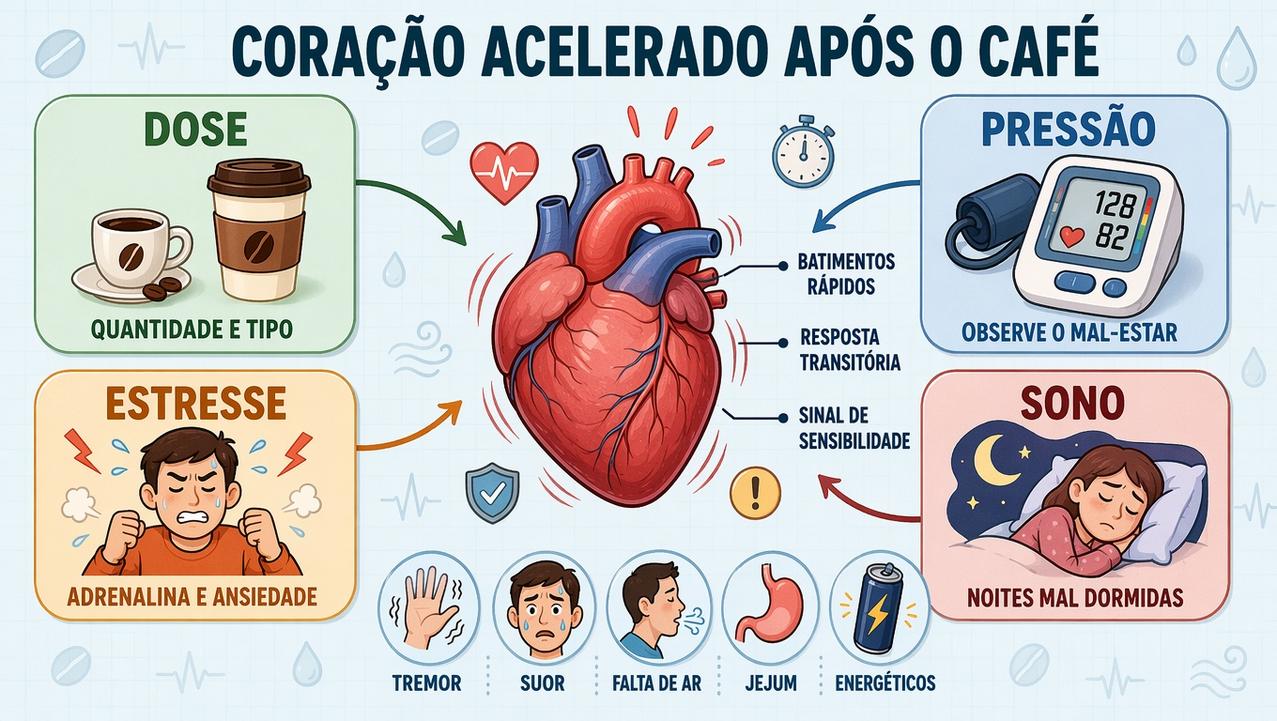 Dose, pressão, estresse e sono influenciam o coração acelerado após café.