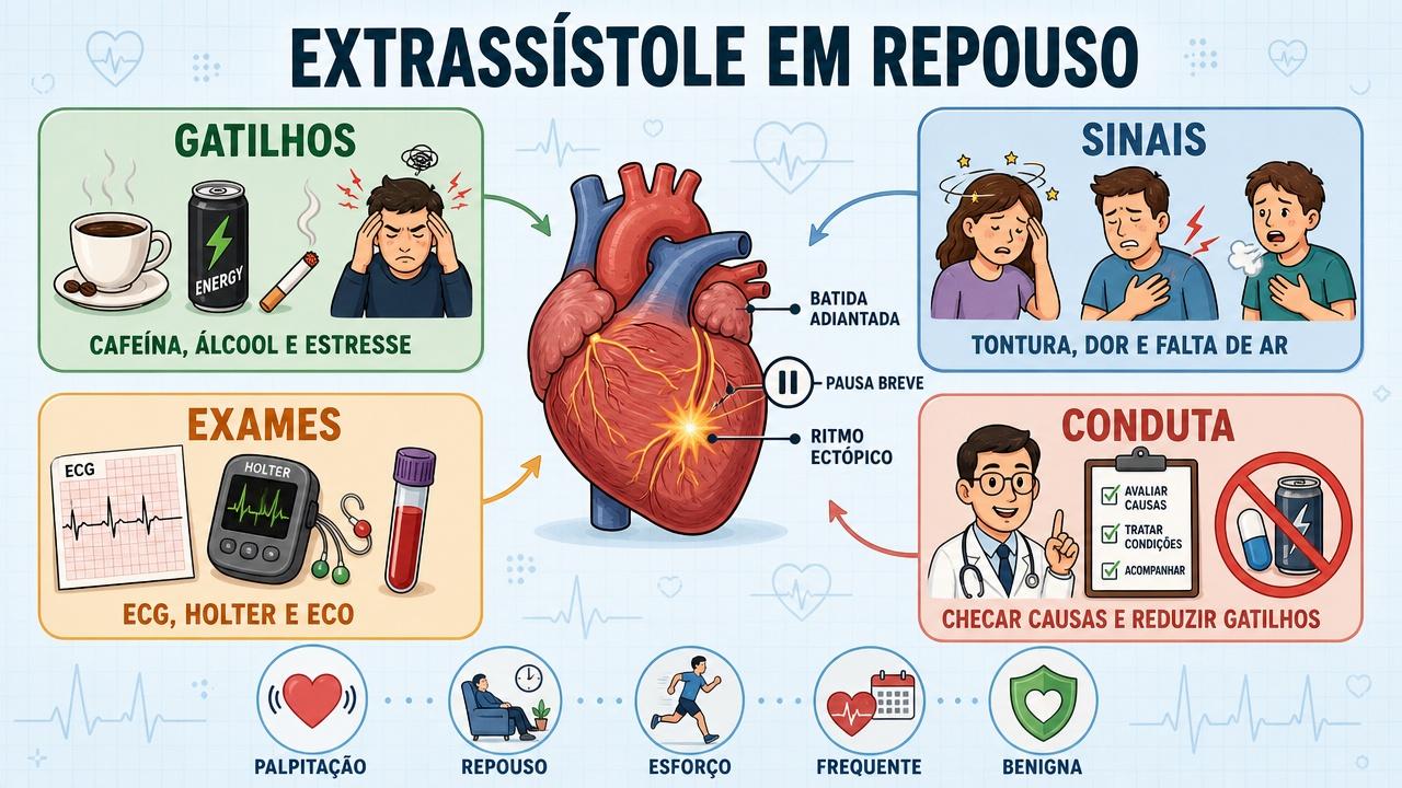 Infográfico resume gatilhos, sinais de alerta, exames e conduta na extrassístole.