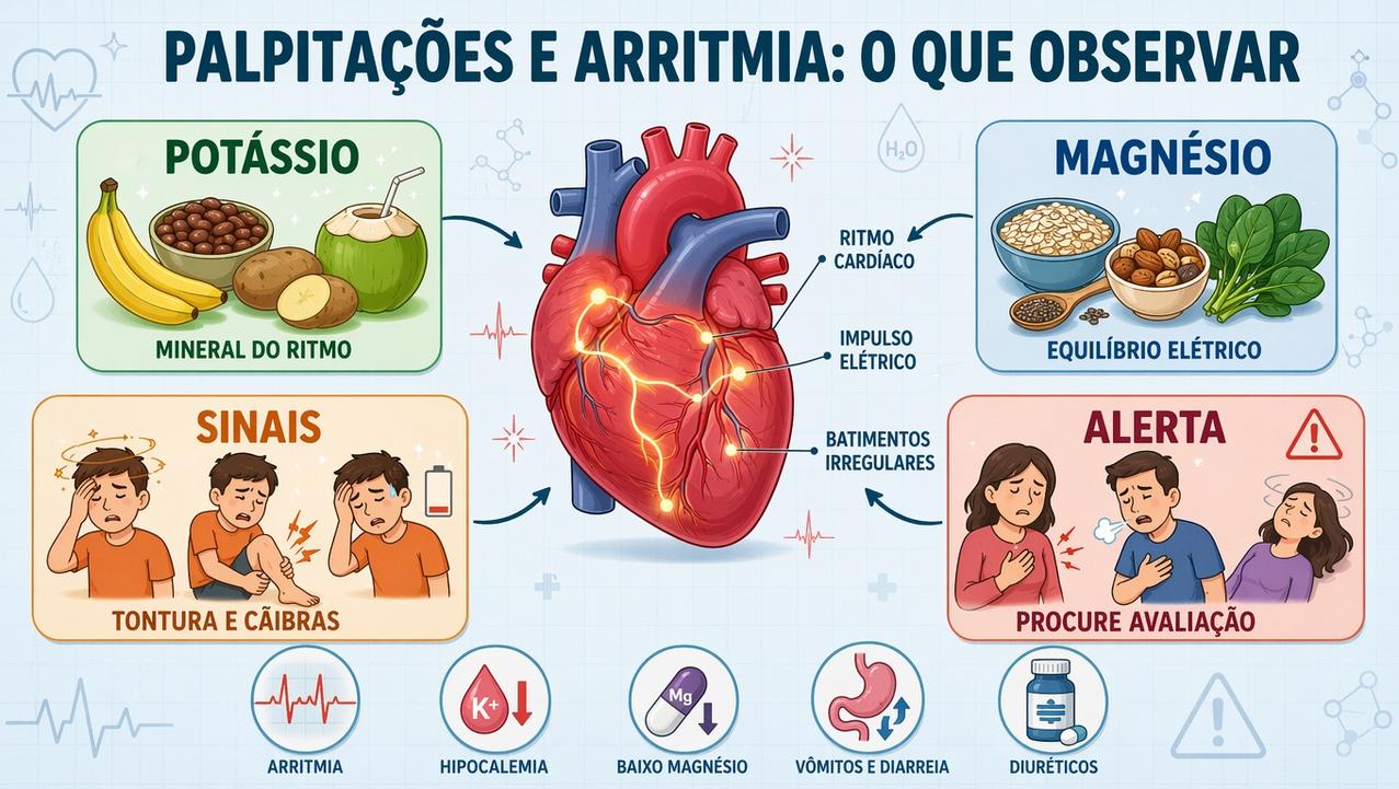 Infográfico resume minerais, sinais de alerta e causas ligadas às palpitações.