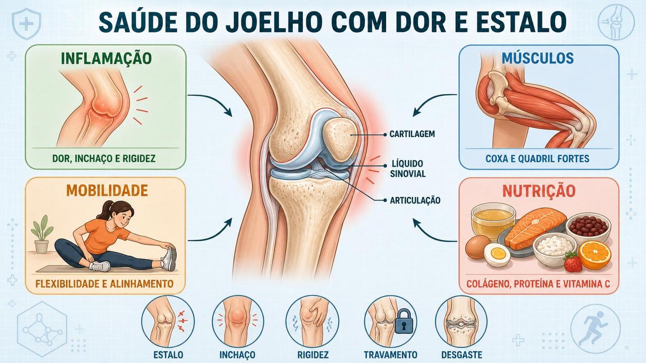 Infográfico resume inflamação, músculos, mobilidade e nutrição para proteger o joelho.