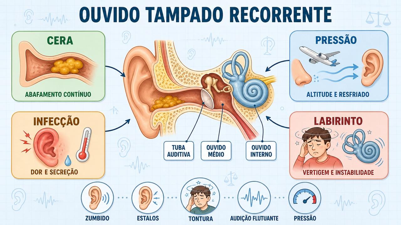 Infográfico resume cera, pressão, infecção e labirinto nas causas do ouvido tampado.