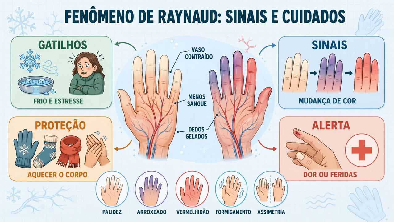 Infográfico resume gatilhos, sinais, proteção e alertas do fenômeno de Raynaud.