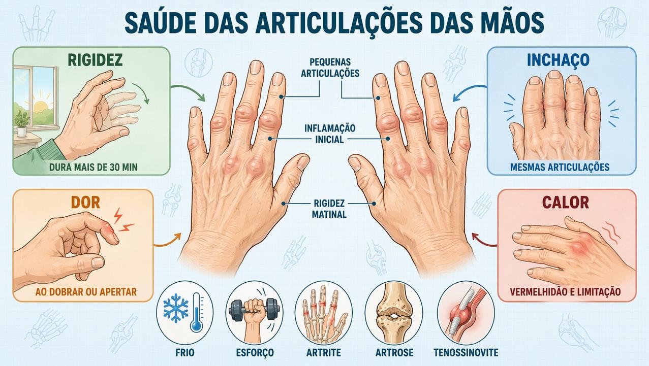 Quatro sinais ajudam a reconhecer inflamação nas articulações das mãos.