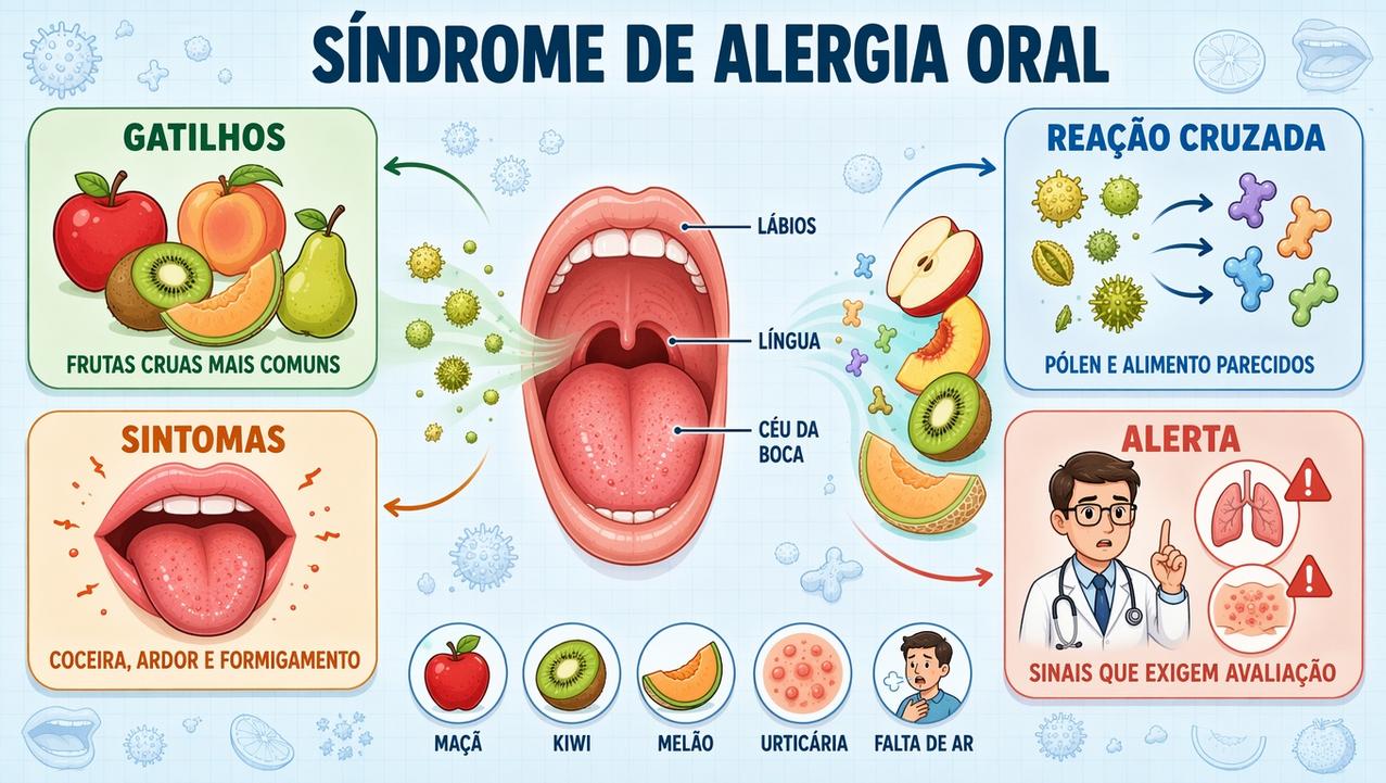 Infográfico resume gatilhos, reação cruzada, sintomas orais e sinais de alerta.
