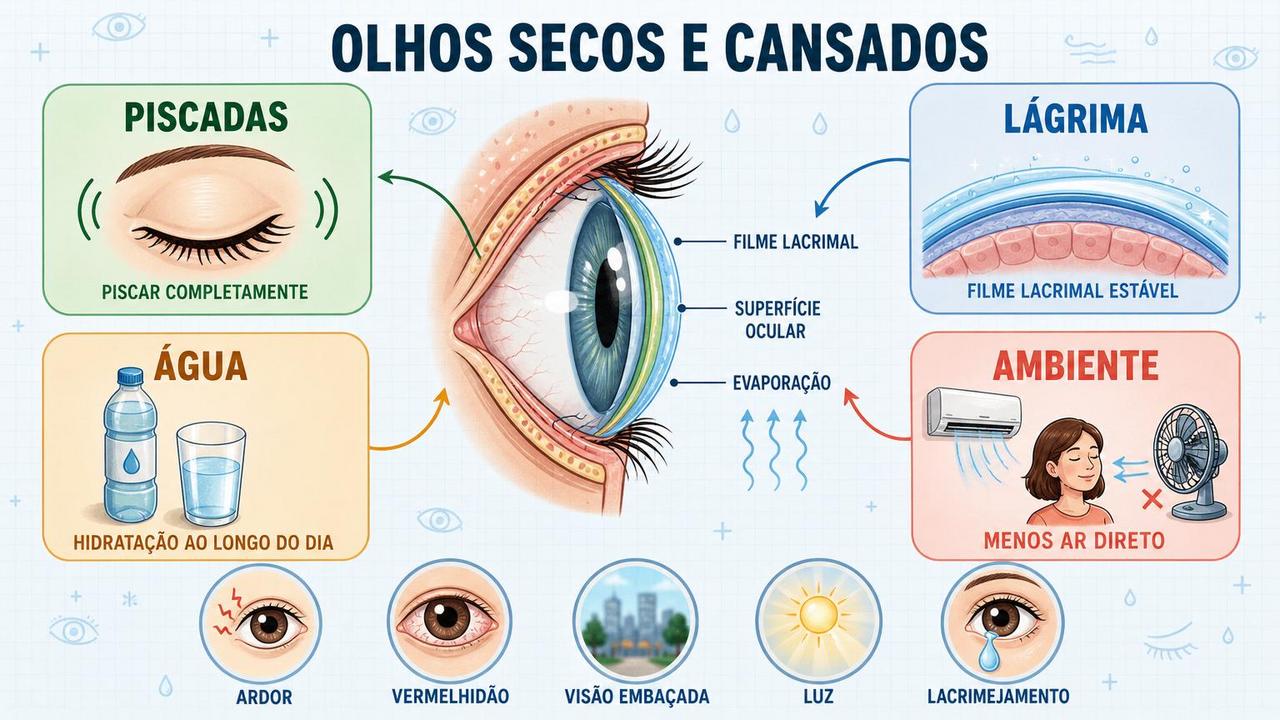 Piscadas, filme lacrimal, hidratação e ambiente influenciam os sintomas de olho seco.