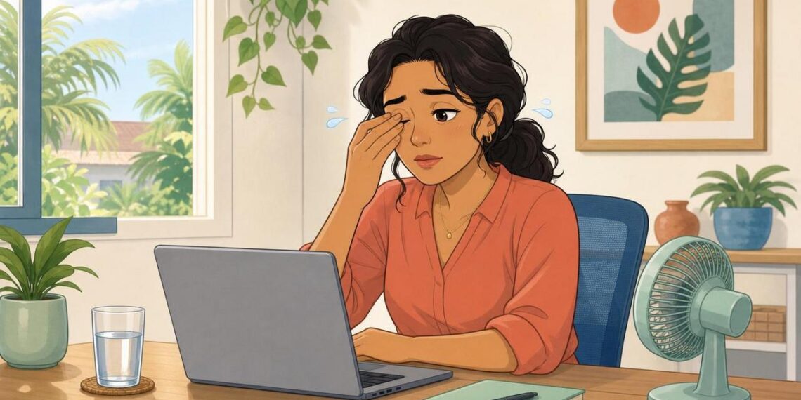 Sentir os olhos secos e cansados o dia todo nem sempre é só telas: às vezes é um sinal de baixa produção de lágrima ou desidratação