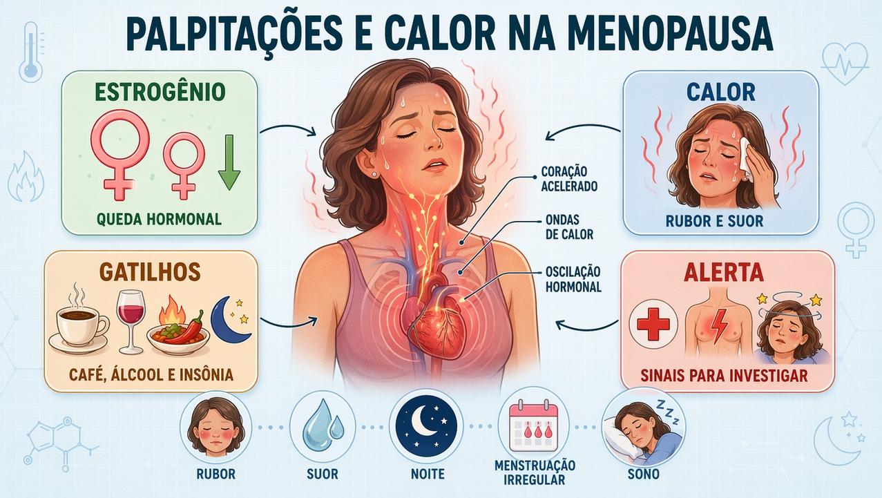 Infográfico resume hormônios, sintomas, gatilhos e sinais de alerta clínico.