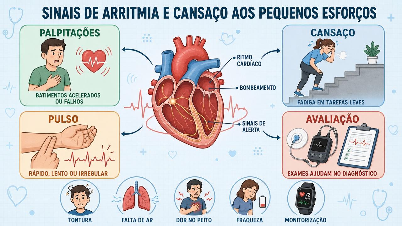 Infográfico resume sinais, monitorização e sintomas que reforçam a suspeita de arritmia.