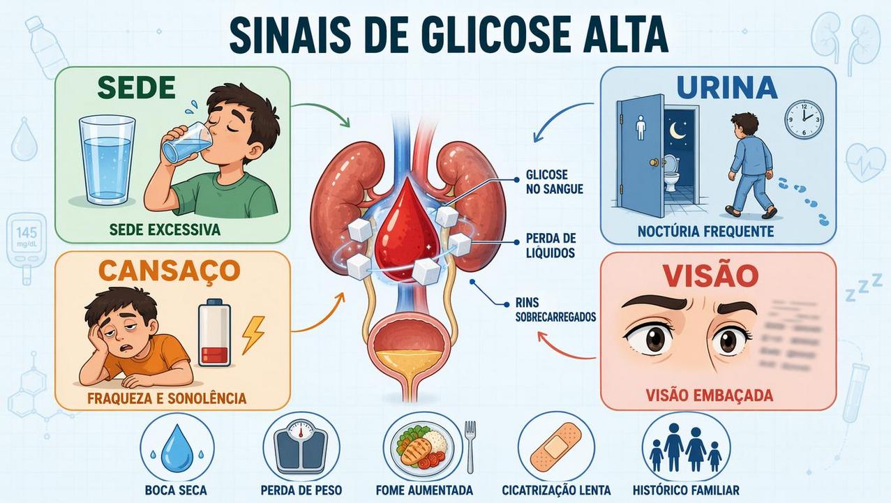 Infográfico resume sinais associados à glicose alta e perda excessiva de líquidos.