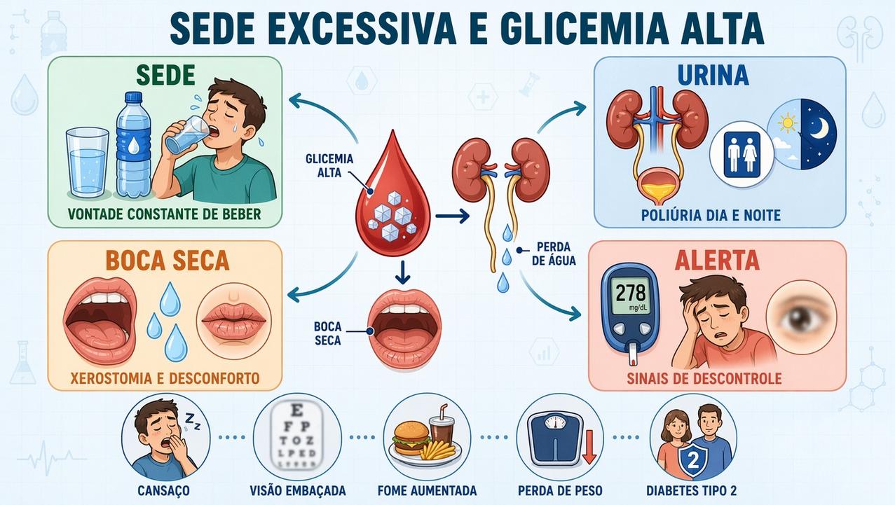 Infográfico resume sede, poliúria, boca seca e sinais de descontrole glicêmico.