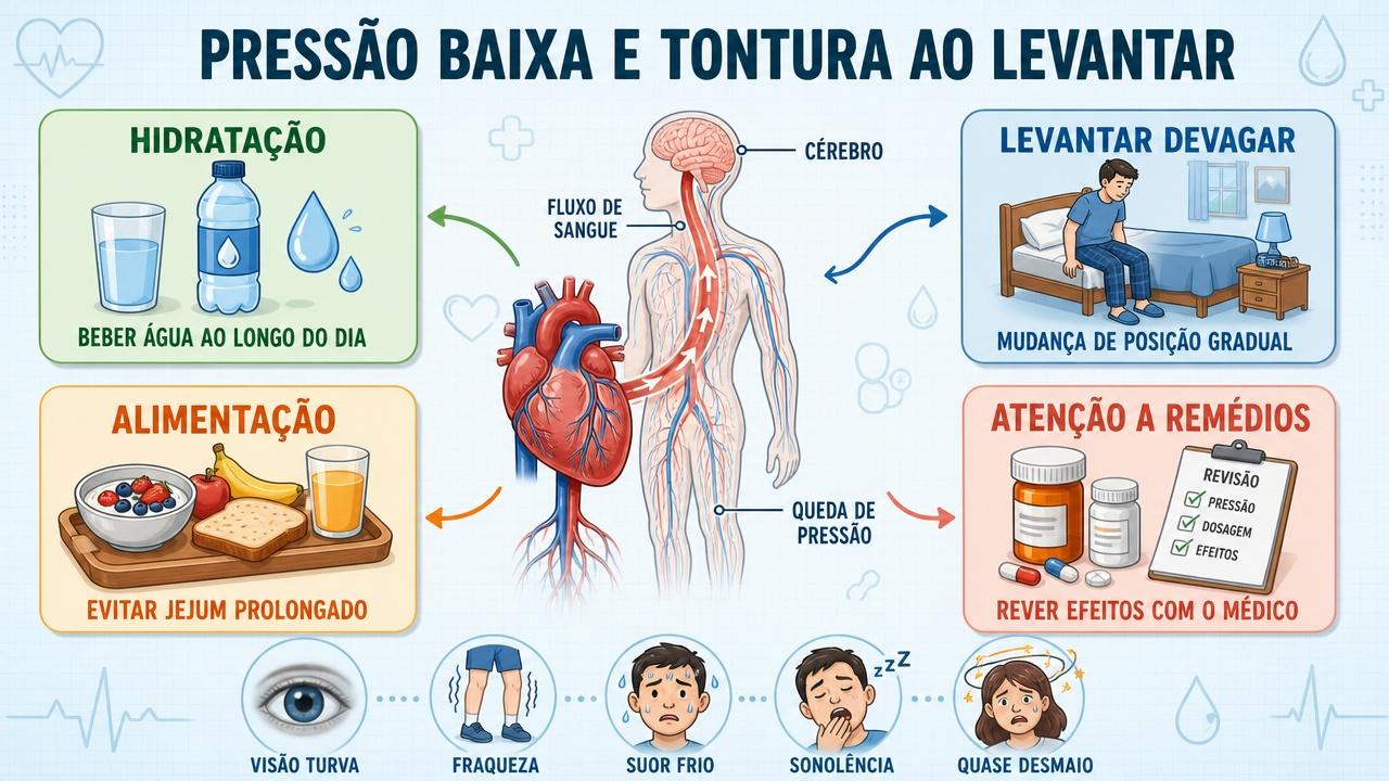Hidratação, levantar devagar, alimentação e revisão de remédios ajudam na hipotensão.