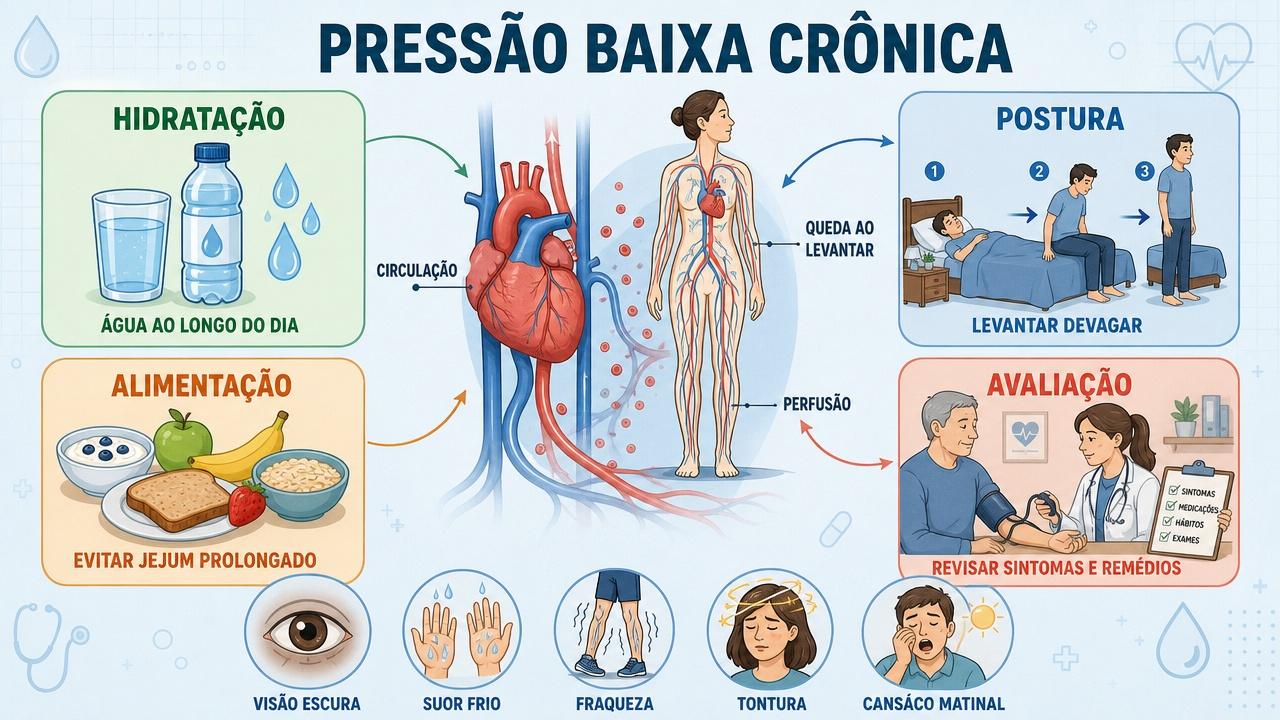 Hidratação, postura, alimentação e avaliação médica ajudam no controle da hipotensão.