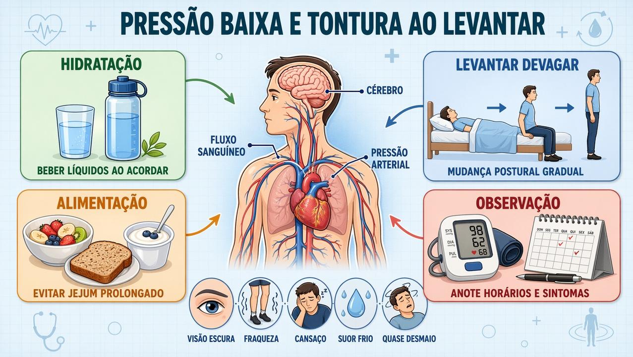 Hidratação, levantar devagar, alimentação e observação ajudam a controlar a hipotensão.