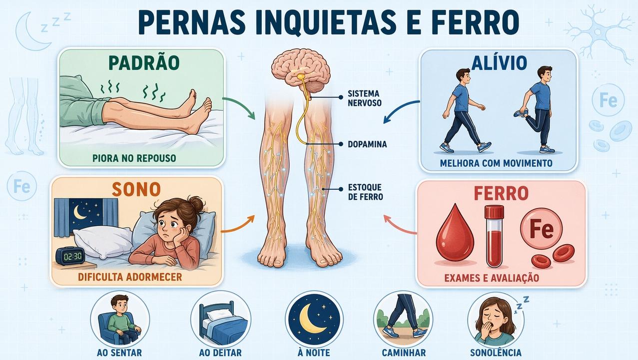 Infográfico mostra padrão, alívio, impacto no sono e investigação do ferro.
