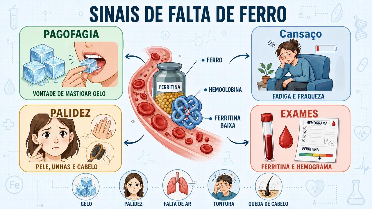 Pagofagia, cansaço, palidez e exames ajudam a identificar falta de ferro.
