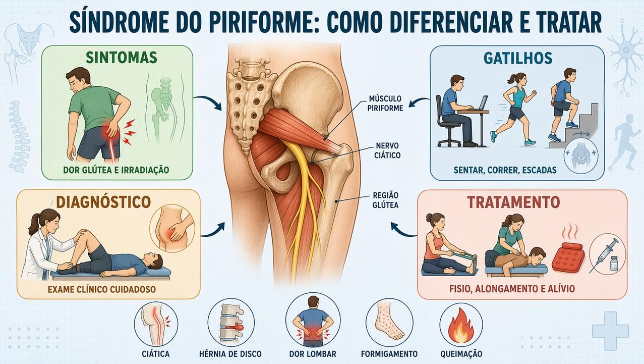 Infográfico resume sintomas, gatilhos, diagnóstico e tratamento da síndrome do piriforme.
