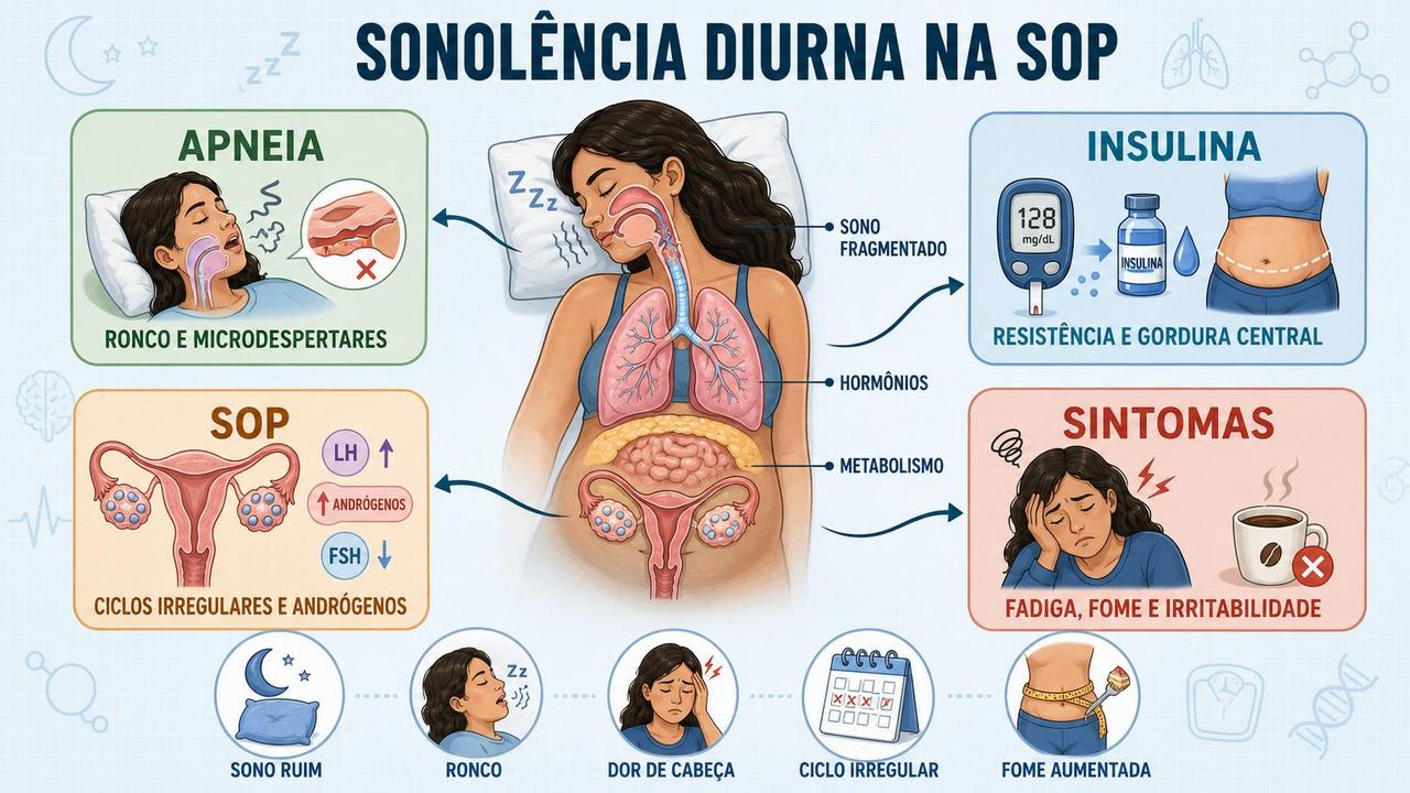 Infográfico resume a ligação entre apneia, SOP, insulina e sintomas diurnos.