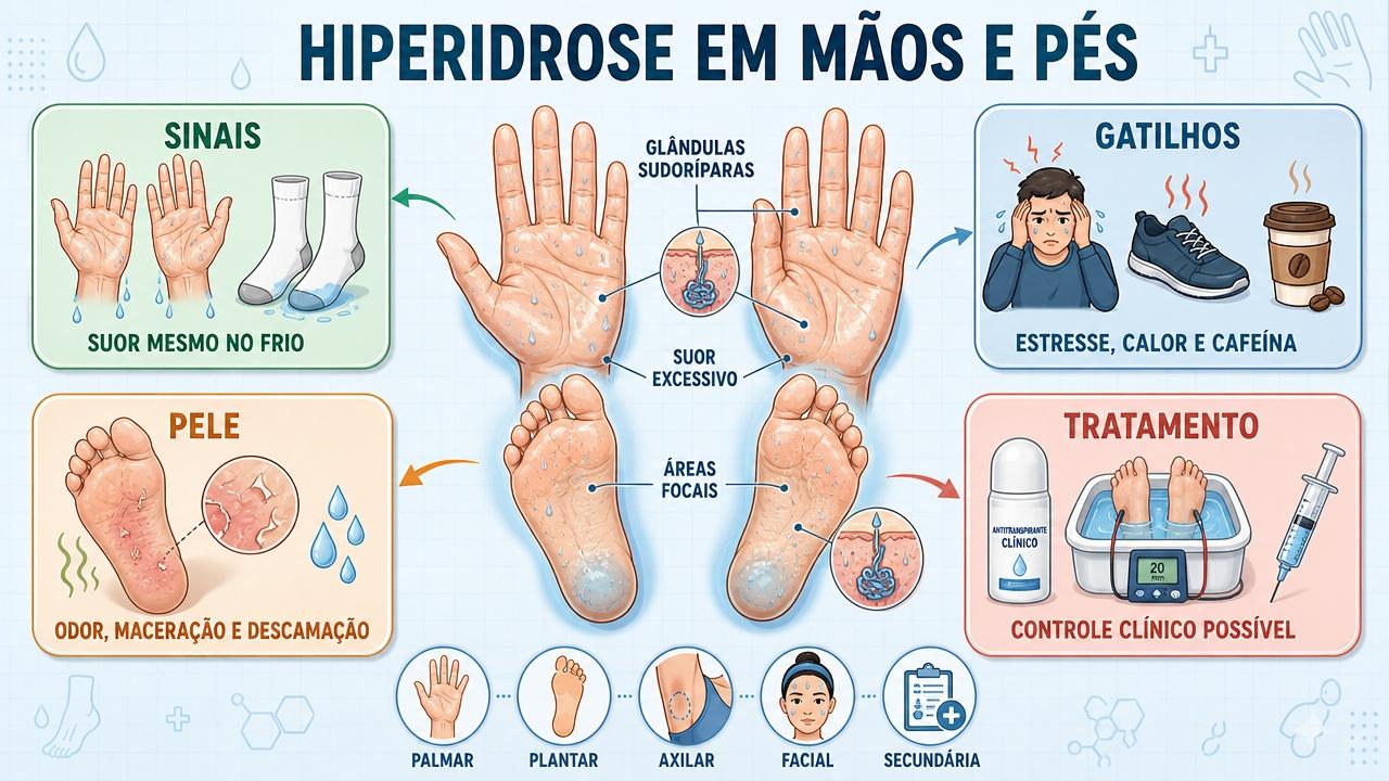 Infográfico resume sinais, gatilhos, pele afetada e tratamento da hiperidrose.