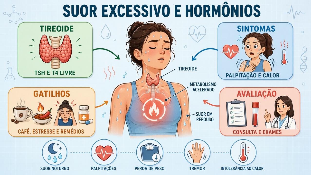 Infográfico resume sinais, gatilhos, exames e relação entre suor e hormônios.
