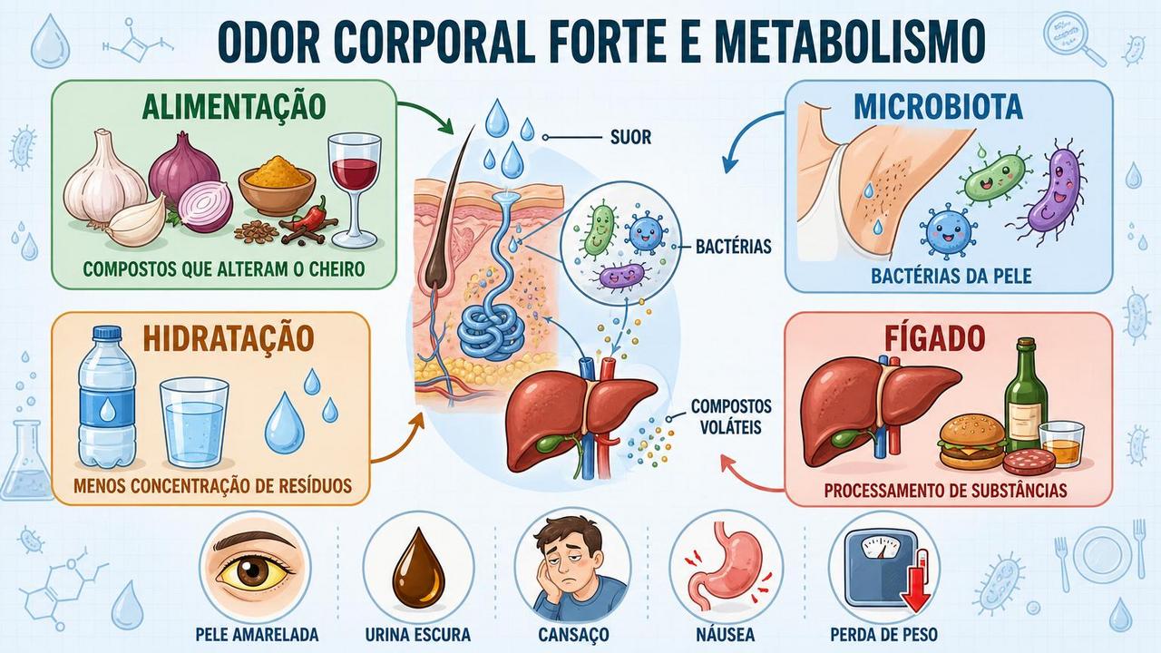Infográfico resume alimentação, microbiota, hidratação e fígado no odor corporal.