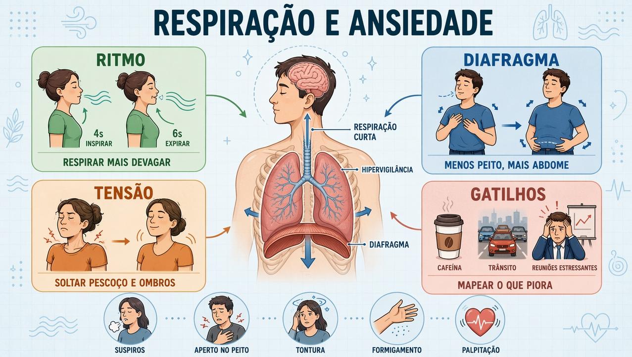 Ritmo, diafragma, tensão e gatilhos ajudam a entender a respiração ansiosa.