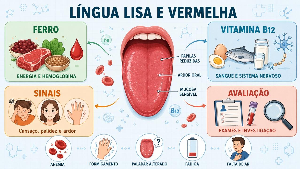 Infográfico resume ferro, vitamina B12, sinais associados e avaliação clínica necessária.