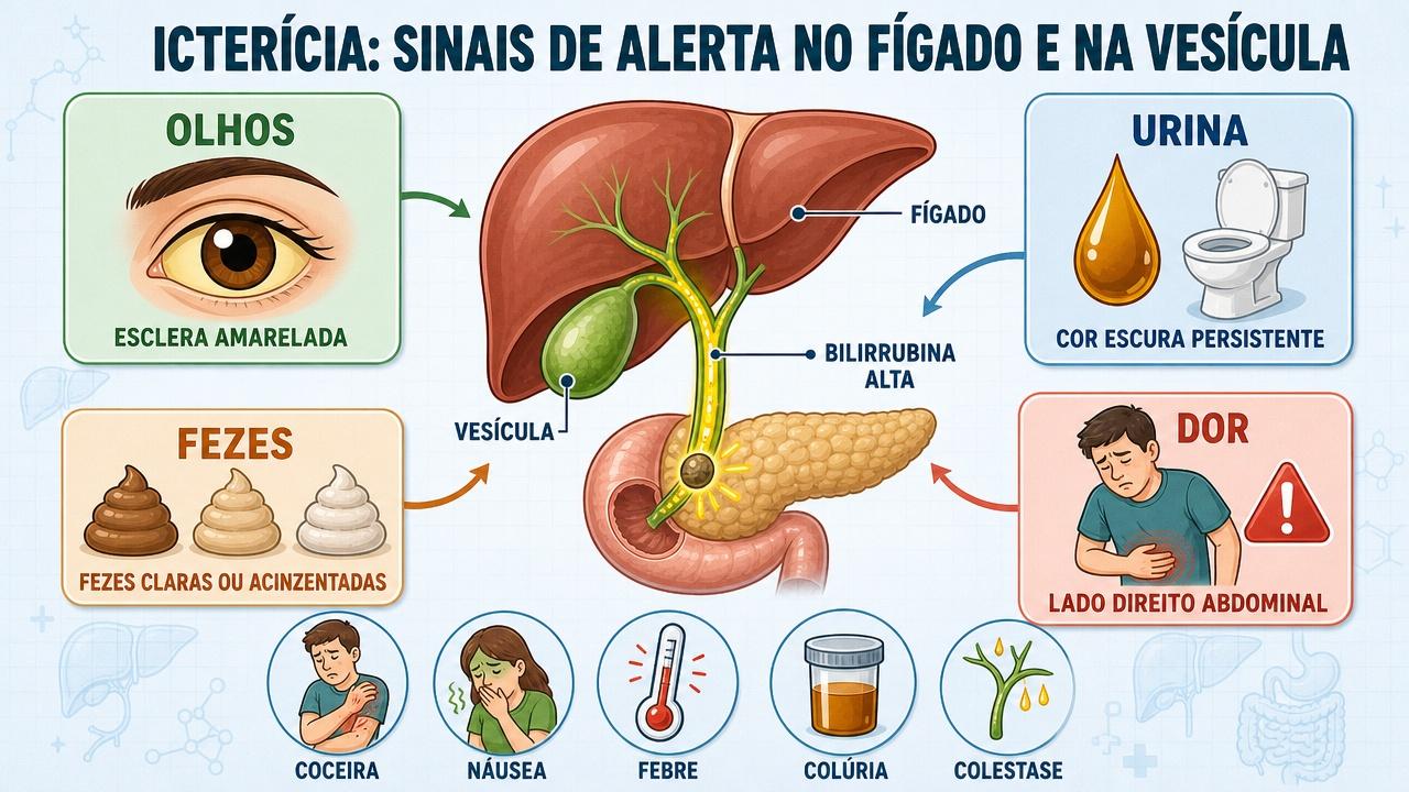 Infográfico resume sinais de alerta ligados à bilirrubina, bile e obstrução biliar.
