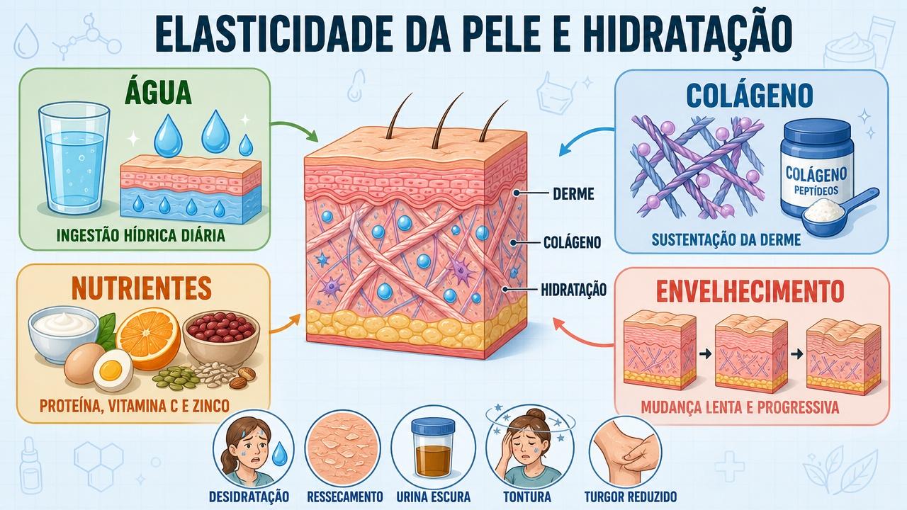 Quatro pilares influenciam a elasticidade da pele: água, colágeno, nutrientes e envelhecimento.