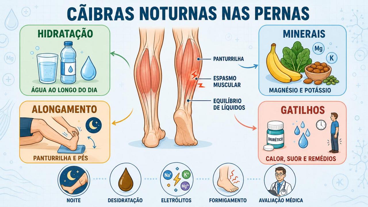 Infográfico resume hidratação, minerais, alongamento e gatilhos das cãibras noturnas.