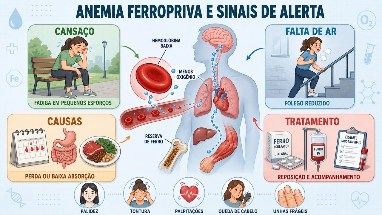 Infográfico resume sintomas, causas, tratamento e sinais de alerta da anemia ferropriva.